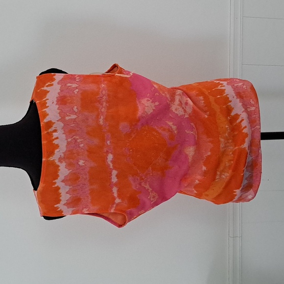 CHAPS CLASSICS Sleeveless v-neck lined mesh top, orange/fuchsia/white Size L - Picture 3 of 5